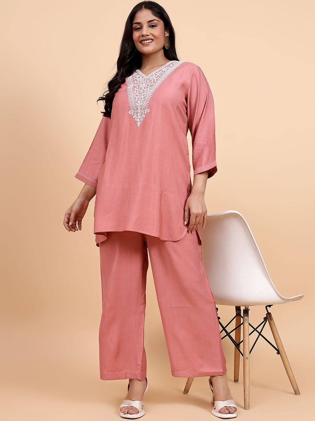 Bani Women Plus Size Etnic Motifs Embroidered V-Neck Tunic With Trousers