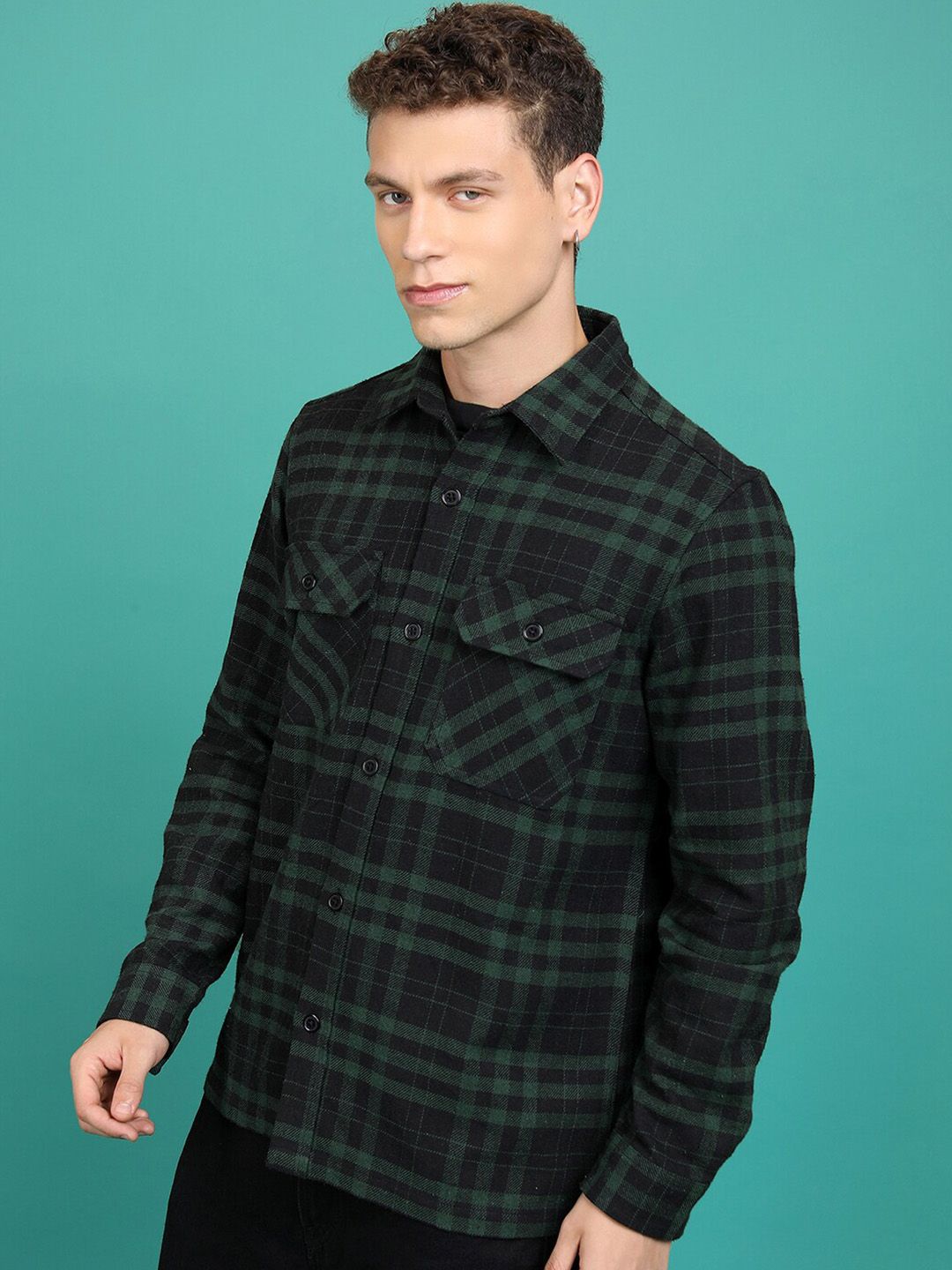 HIGHLANDER Checked Spread Collar Long Sleeves Flannel Checked Shirt