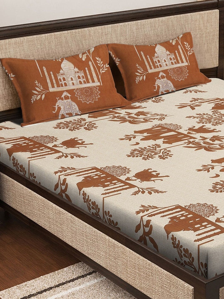 KLOTTHE Cream-colored & Brown 300 TC Fitted Super King Bedsheet With 2 Pillow Covers