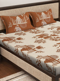 KLOTTHE Cream-colored & Brown 300 TC Fitted Super King Bedsheet With 2 Pillow Covers