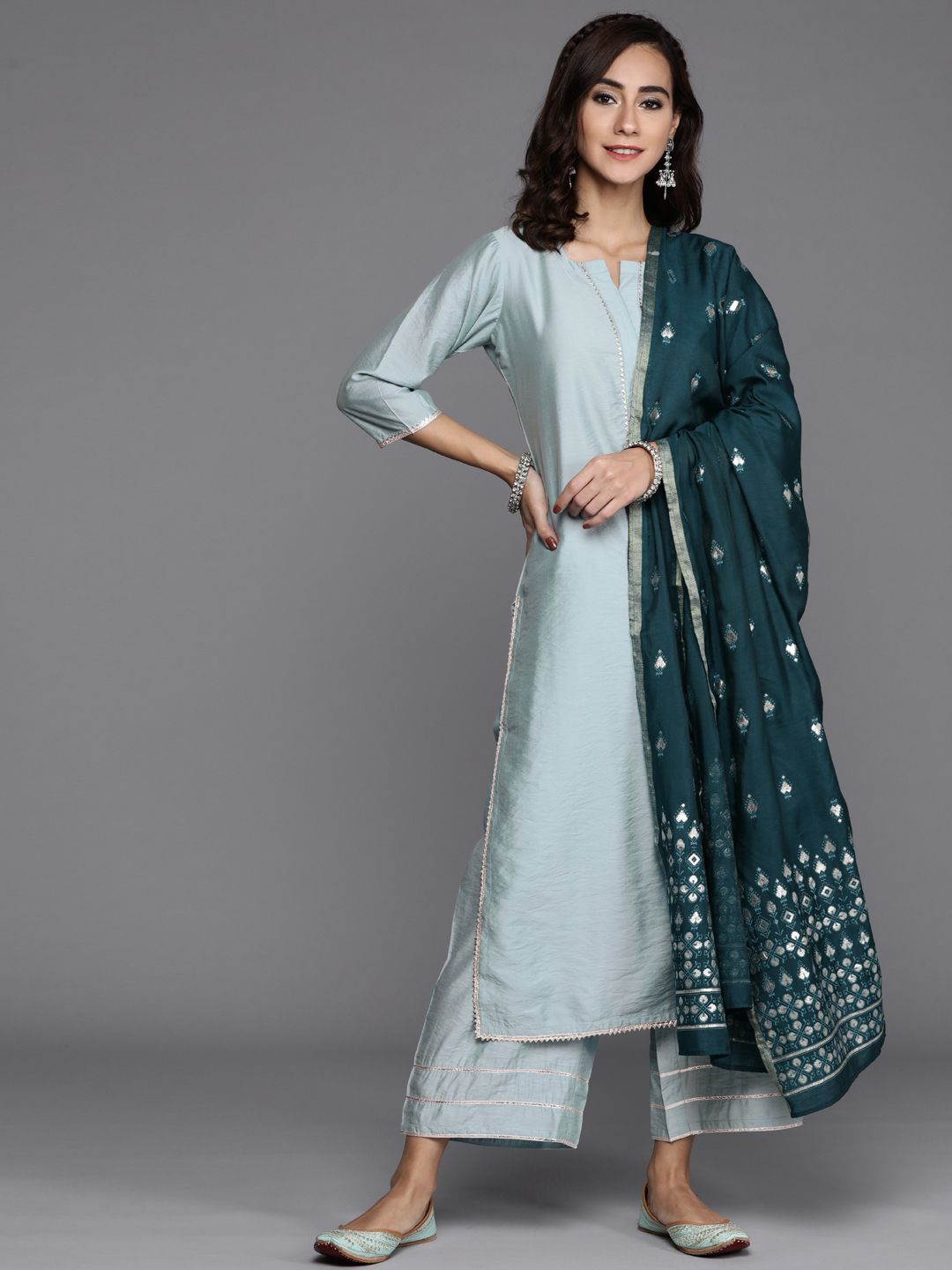 Libas Women Blue Chanderi Silk Gotta Patti Kurta with Palazzos & Dupatta
