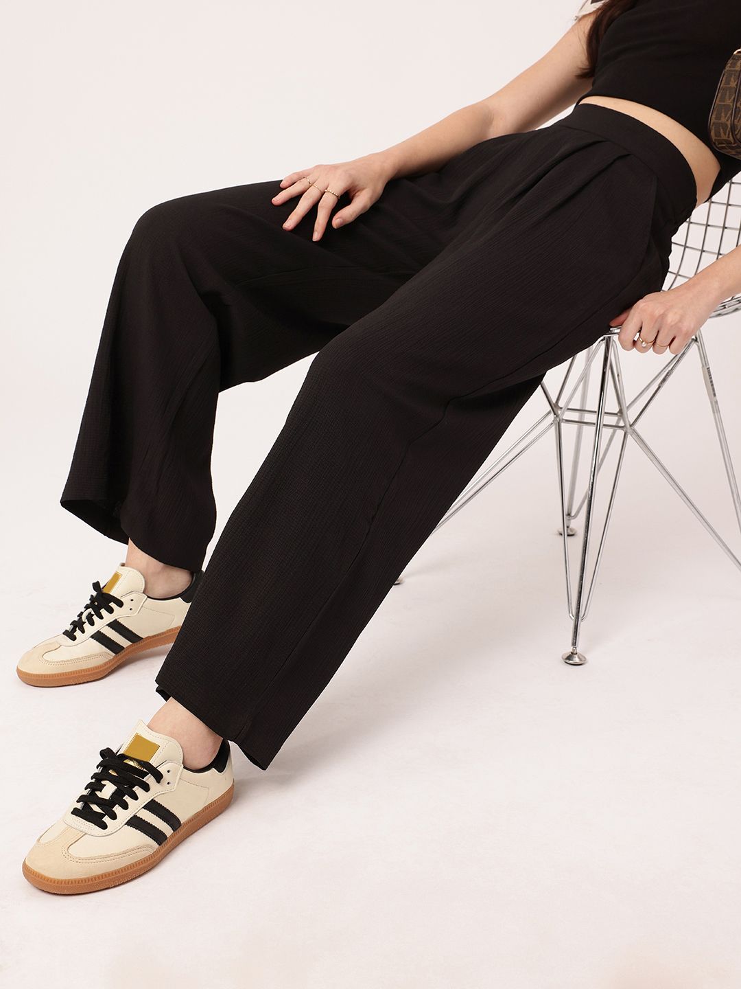 DressBerry Women Melancholic Chic Seersucker Textured Pleated High-Rise Parallel Trousers