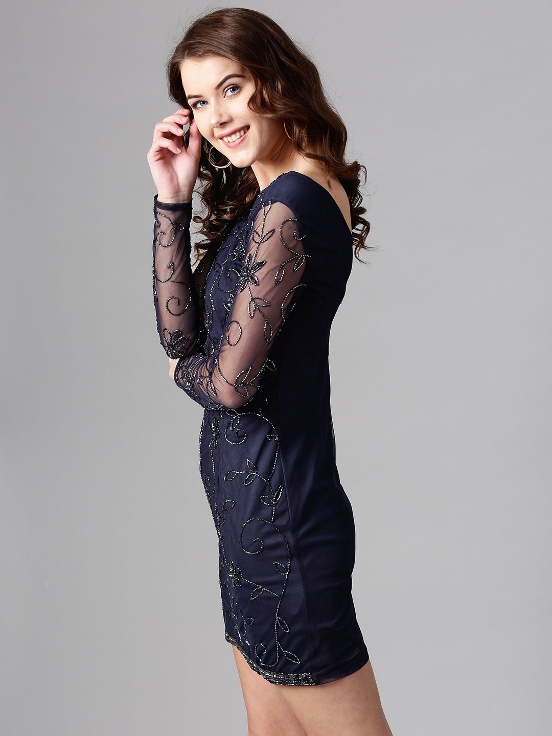 STREET 9 Women Navy Blue Net Embellished Bodycon Dress