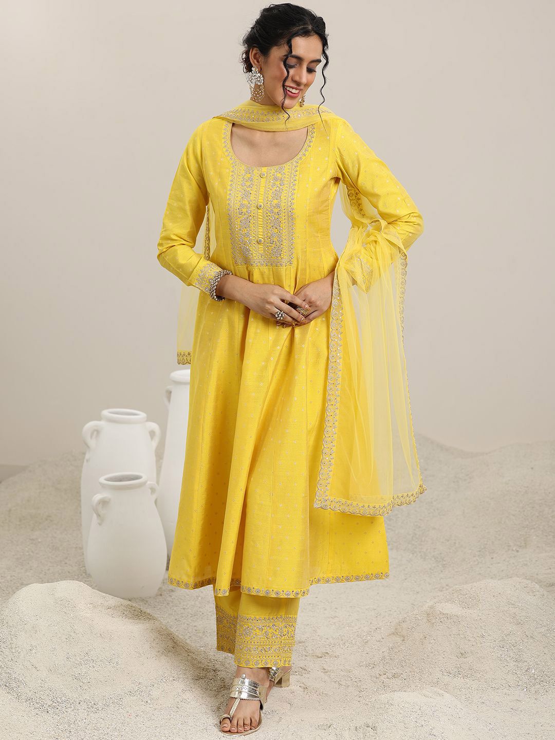 Libas Embroidered Panelled Chanderi Silk A-Line Kurta with Trouser & Dupatta
