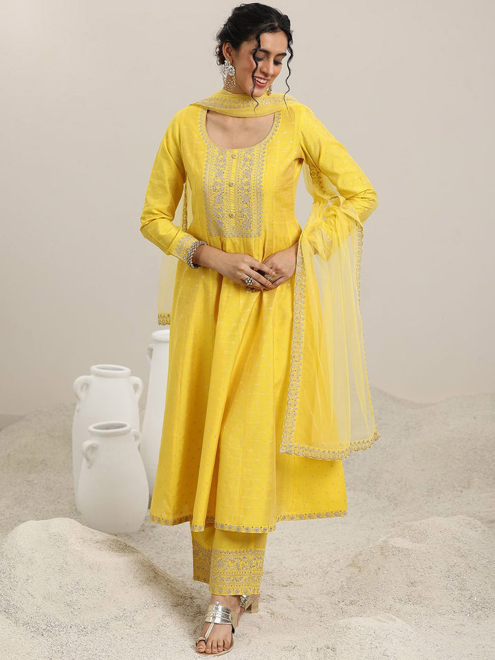 Libas Embroidered Panelled Chanderi Silk A-Line Kurta with Trouser & Dupatta