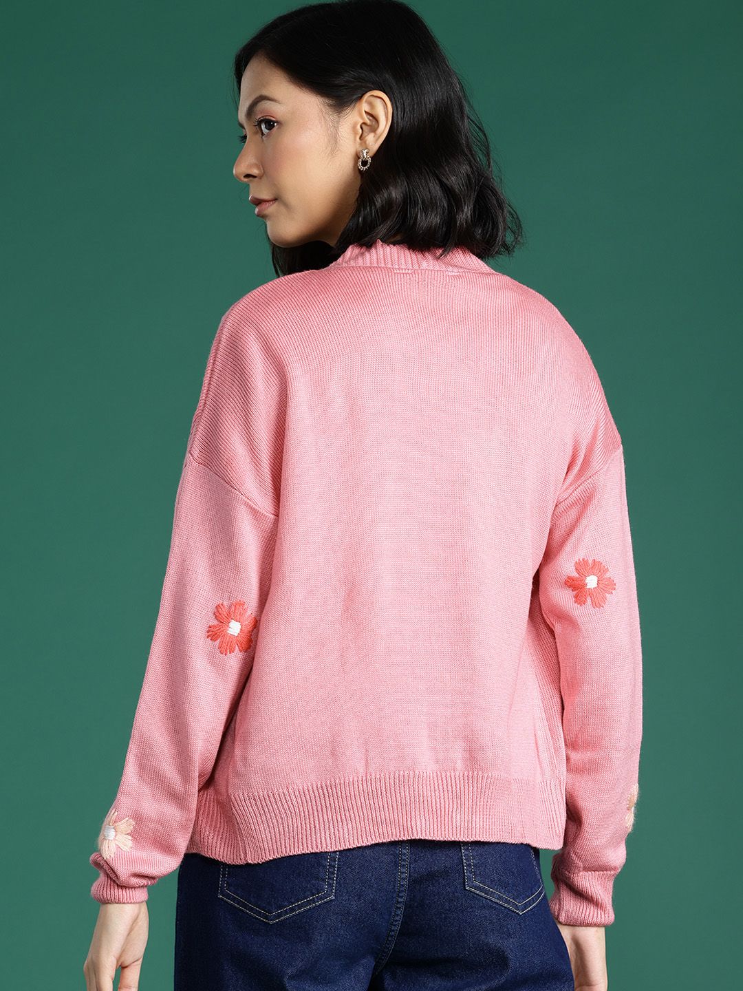 DressBerry Drop Shoulder Floral Embroidery Cardigan