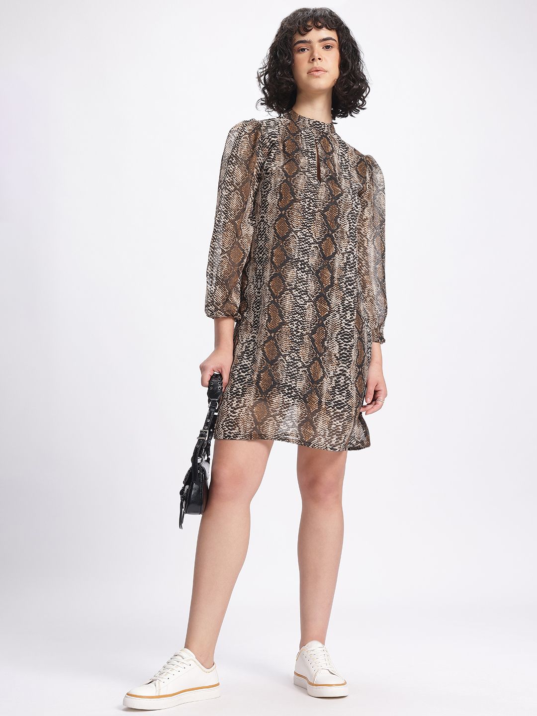 DressBerry Comfort Chic Snake Print Puff Sleeve A-Line Dress