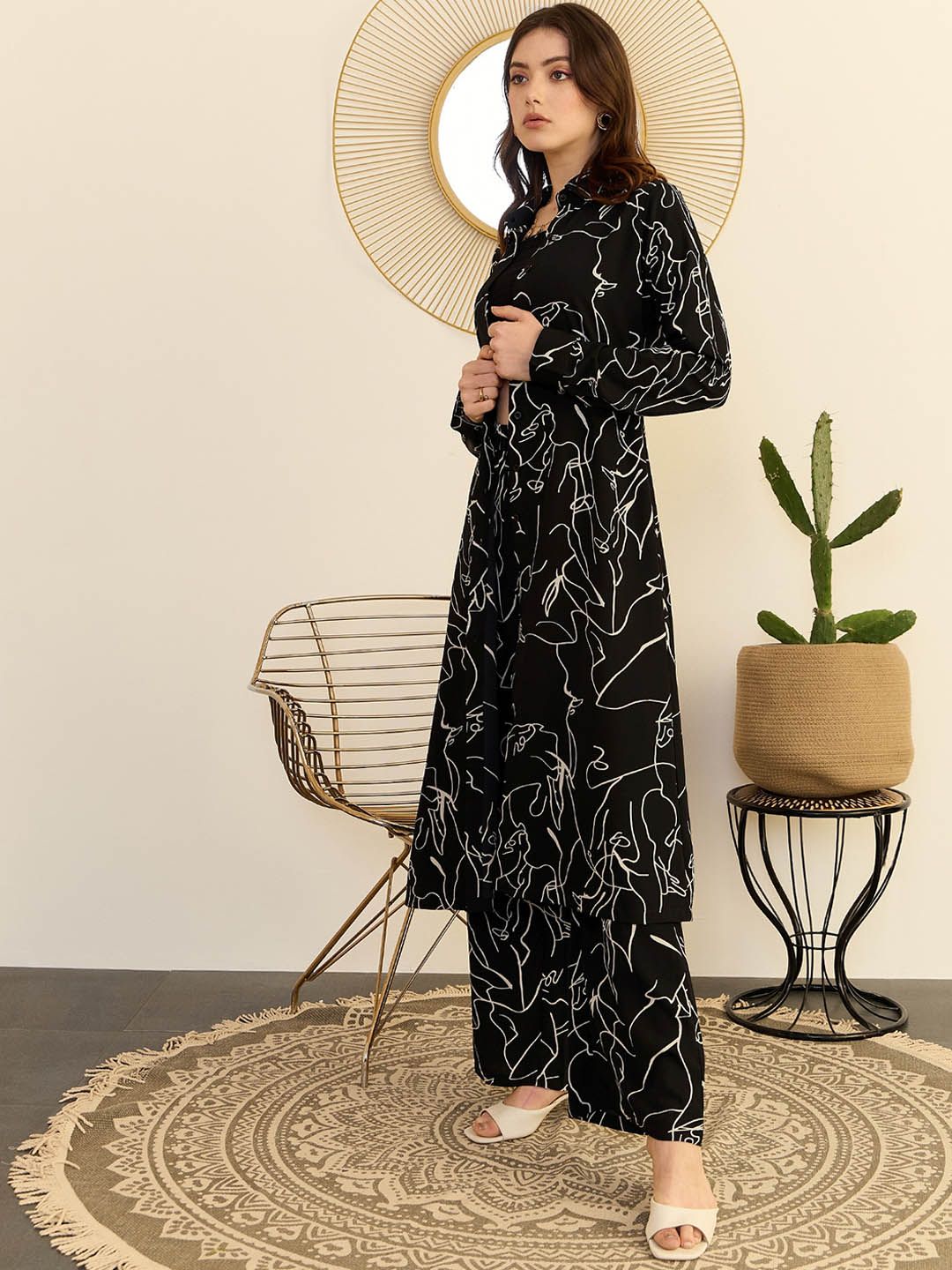 Berrylush Printed Longline Shirt With Trousers Co-Ords