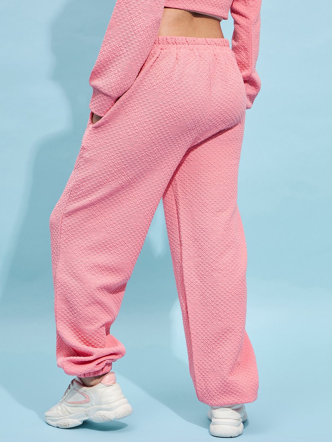 STREET 9 Women Pink Cotton Relaxed Loose Fit Mid-Rise Casual Knitted Joggers Trouser