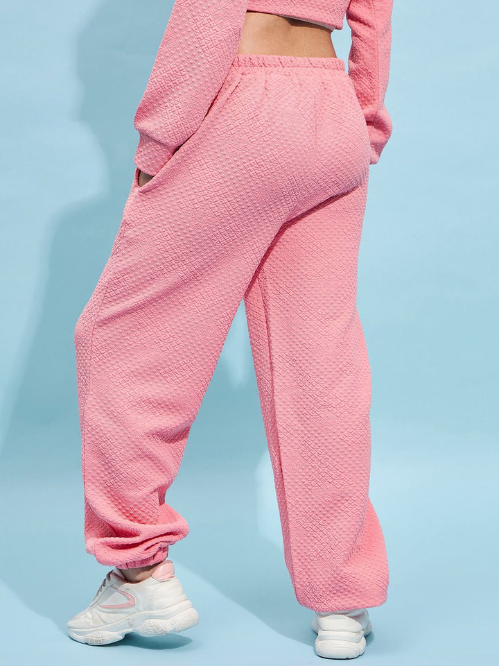 STREET 9 Women Pink Cotton Relaxed Loose Fit Mid-Rise Casual Knitted Joggers Trouser