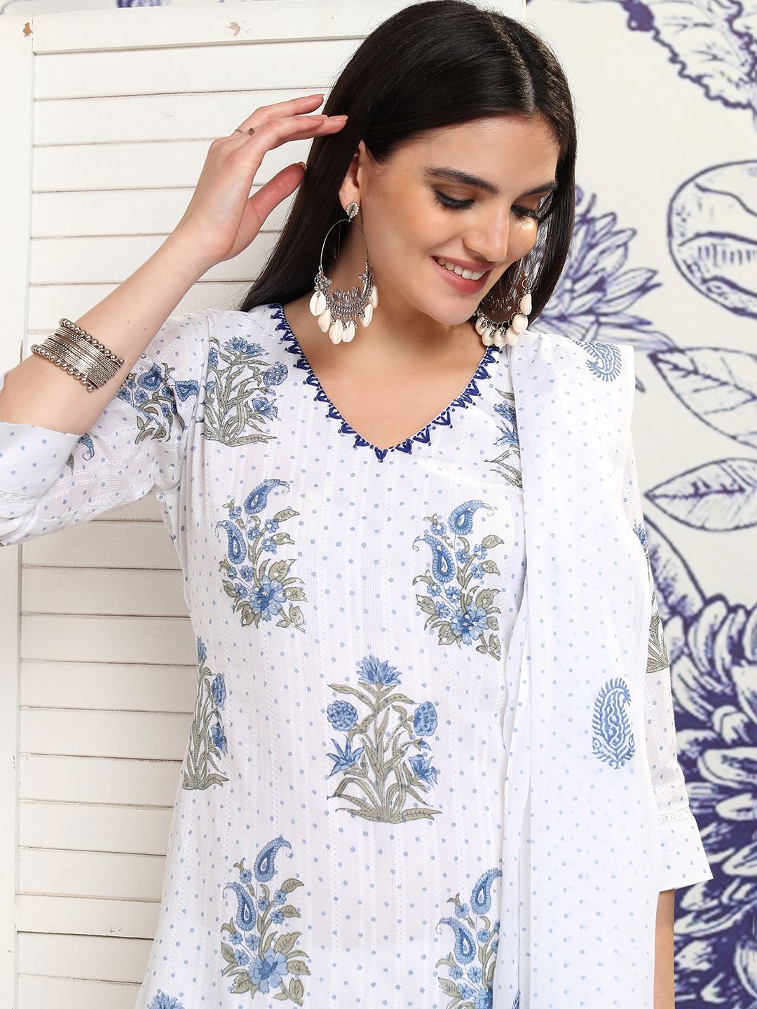 Vishudh Floral Printed Pure Cotton Straight Kurta & Trousers With Dupatta