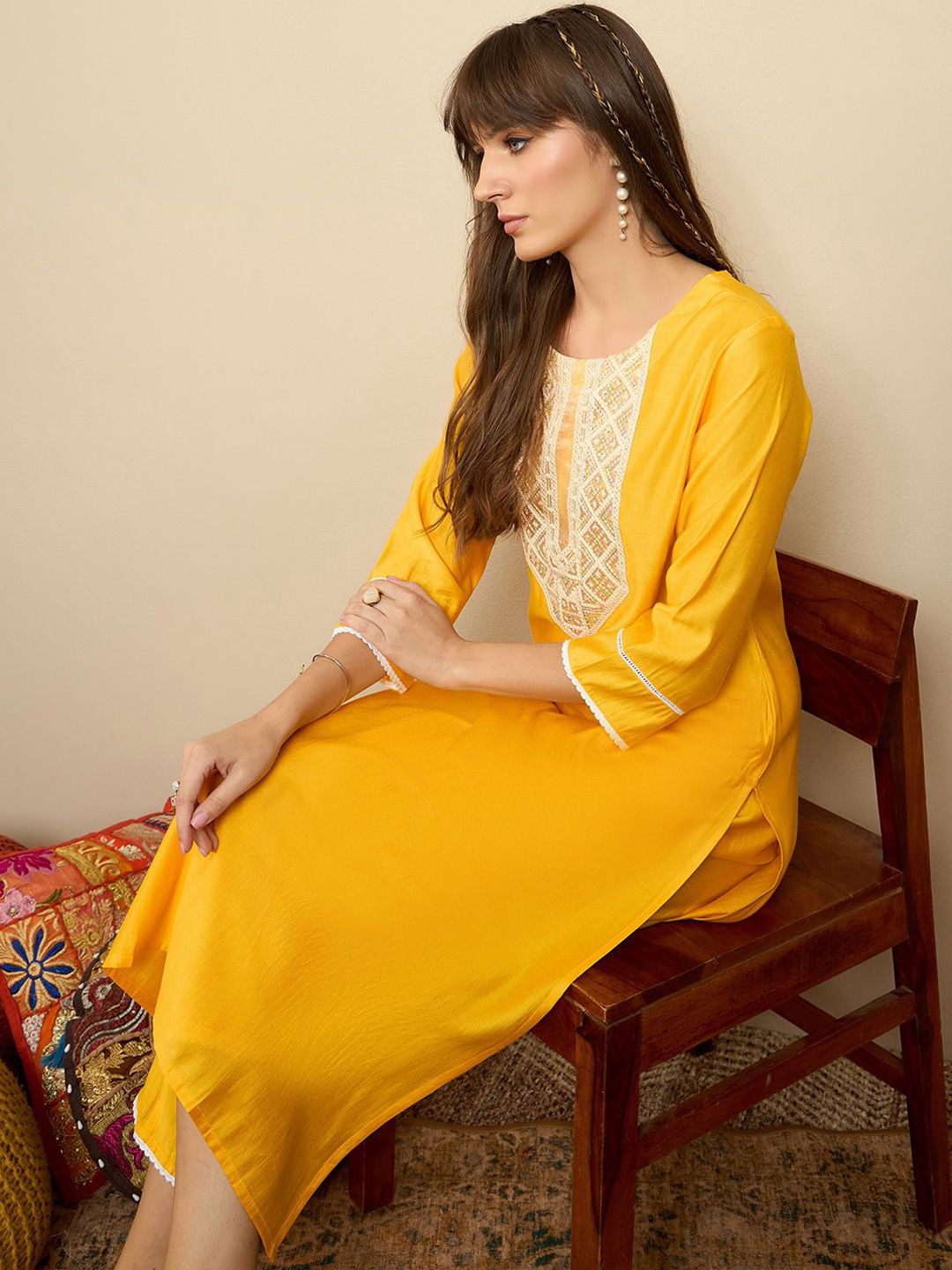 Indo Era Floral Embroidered Sequinned Liva Straight Kurta With Trousers