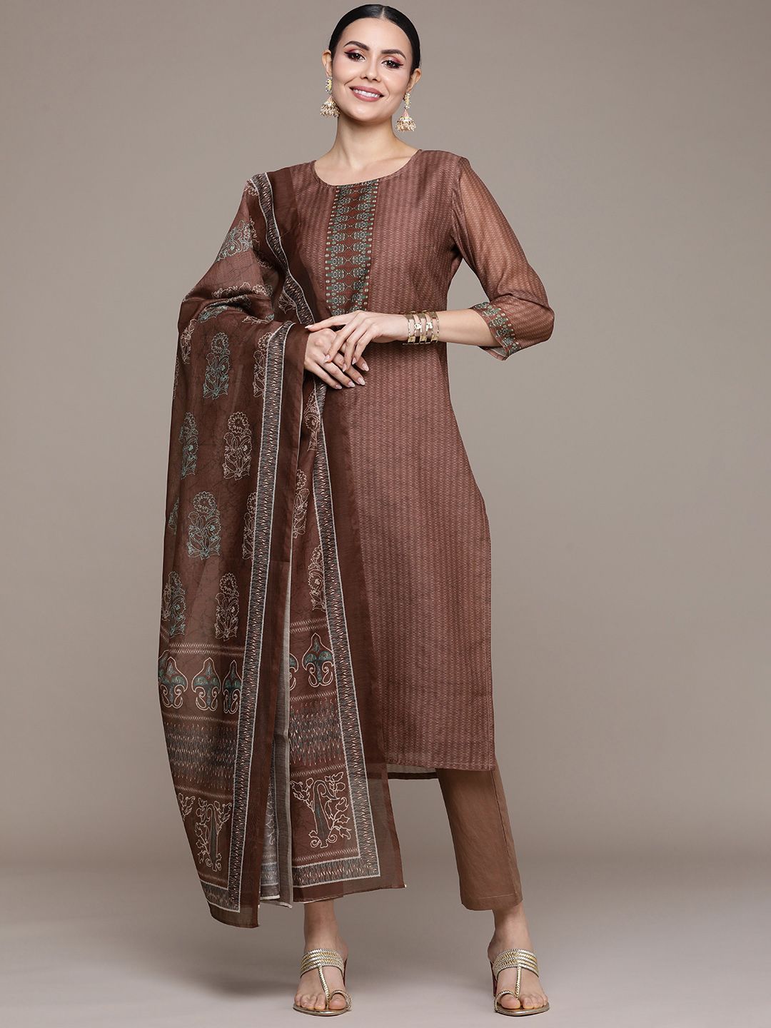 Anouk Women Brown Printed Regular Kurta with Trousers & With Dupatta