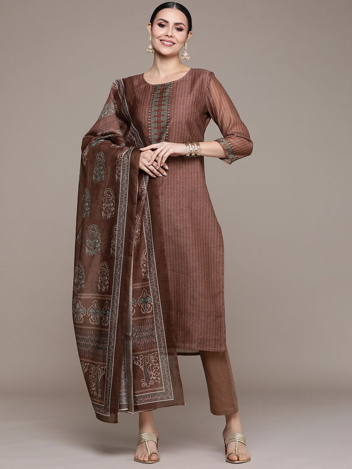 Anouk Women Brown Printed Regular Kurta with Trousers & With Dupatta