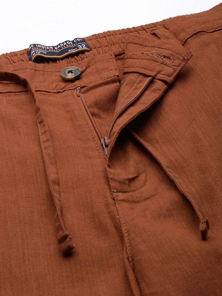 The Indian Garage Co Men Brown Slim Fit Linen Blend Trousers