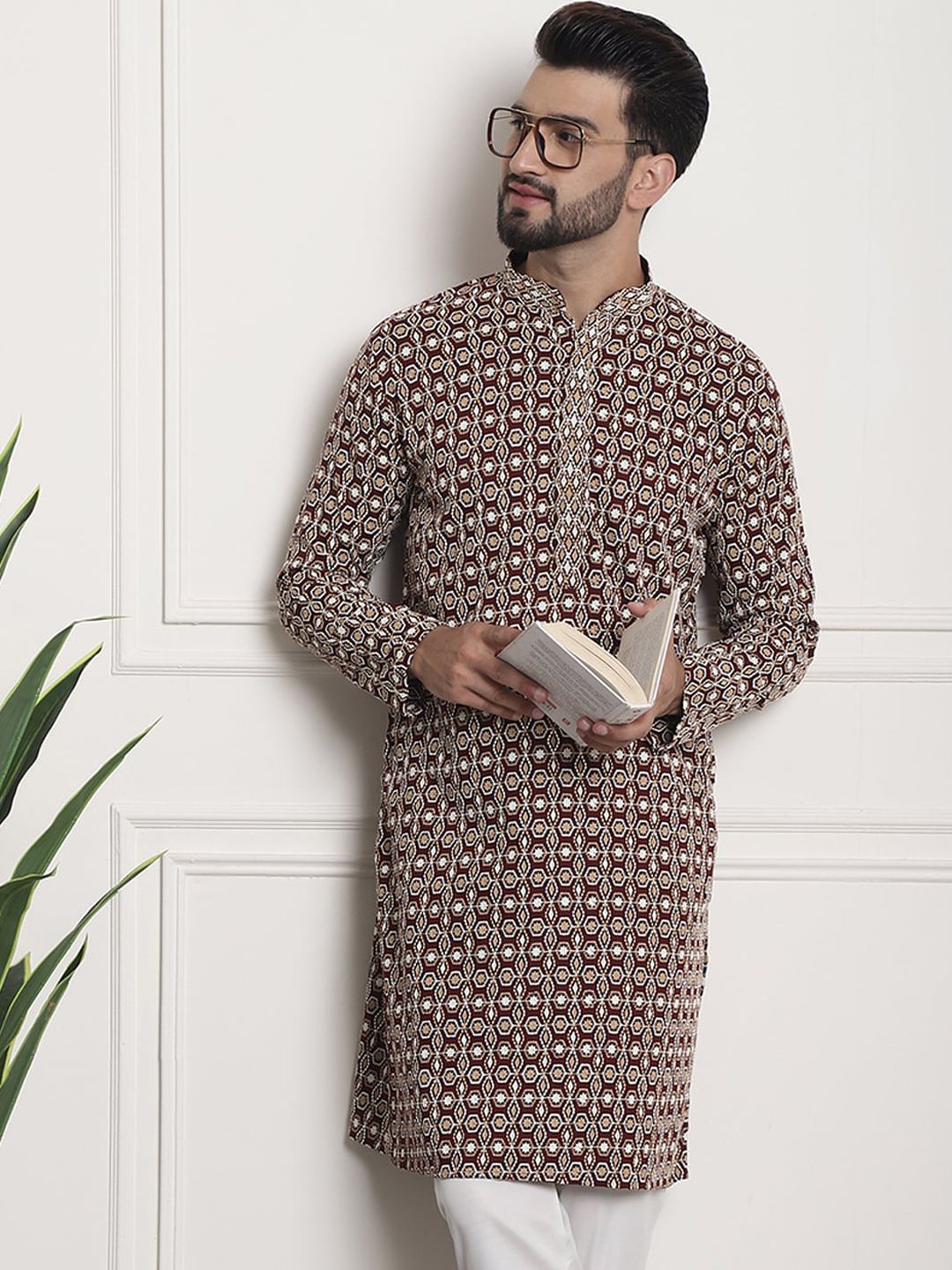 SOJANYA Kurta Kolar Mandarin Sulam Geometrik