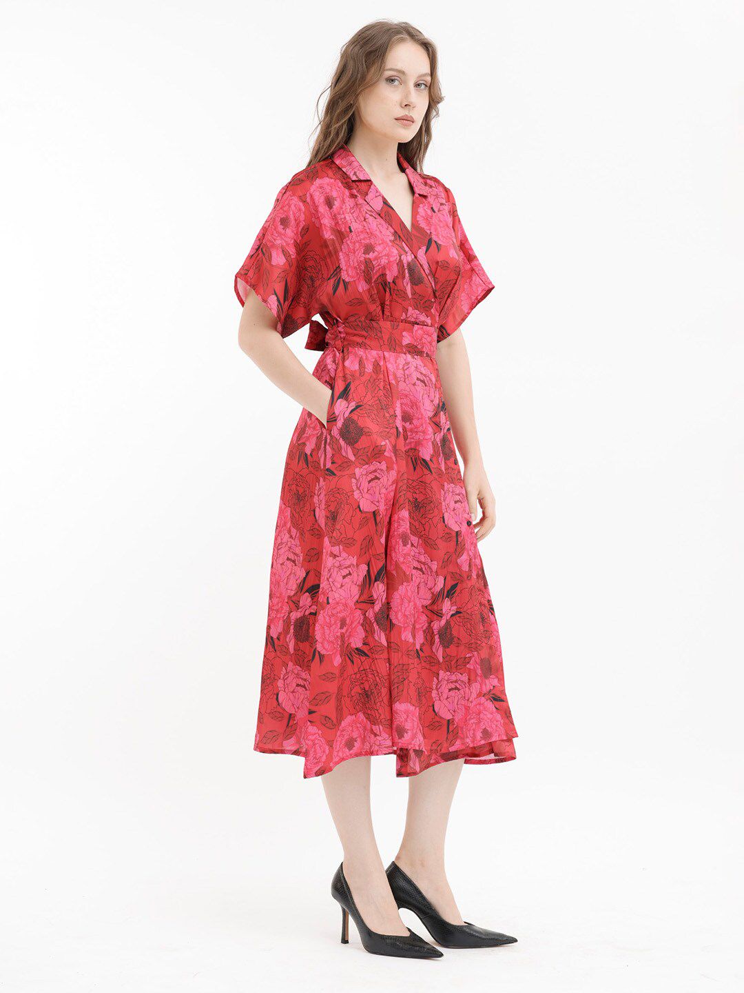 RAREISM Floral Print V-Neck Fit & Flare Midi Dress
