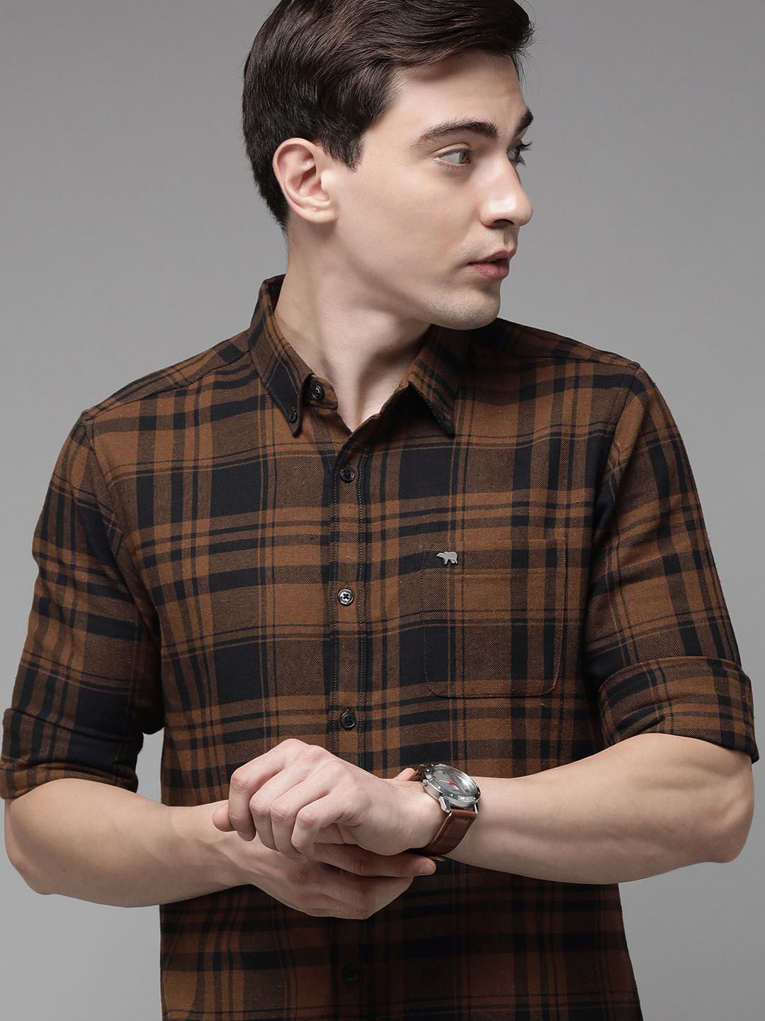 THE BEAR HOUSE Men Brown Slim Fit Pure Cotton Checked Flannel Casual Shirt