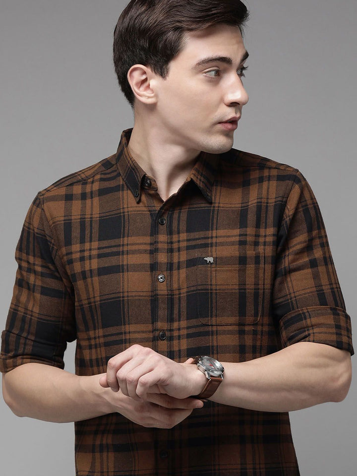 THE BEAR HOUSE Men Brown Slim Fit Pure Cotton Checked Flannel Casual Shirt