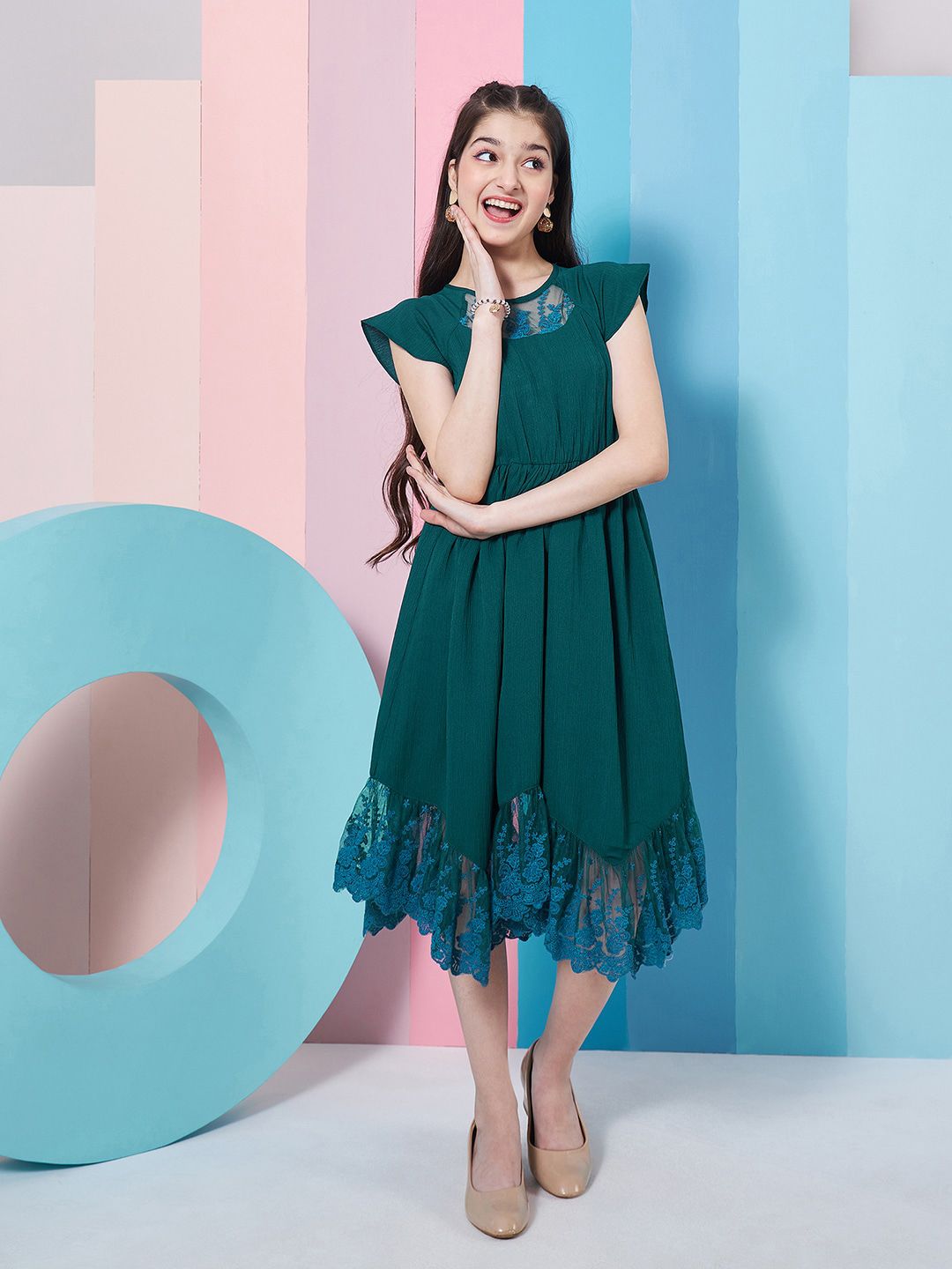 pspeaches Girls Extended Sleeve Lace Inserts Fit & Flare Dress