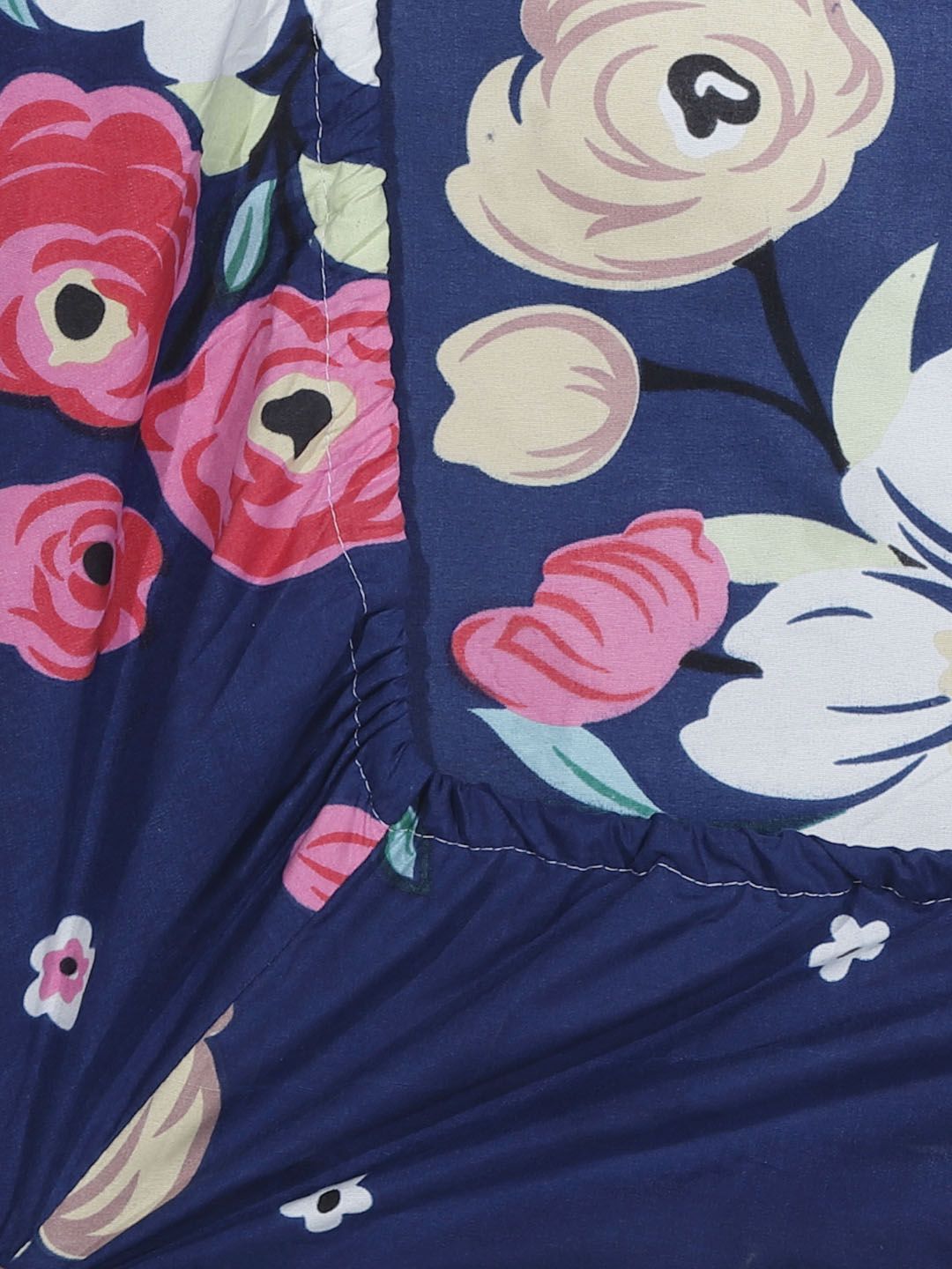 KLOTTHE Blue Floral Polycotton 300 TC Fitted Double Fine Bedsheet with a Pillow Cover-87 x 59 inches
