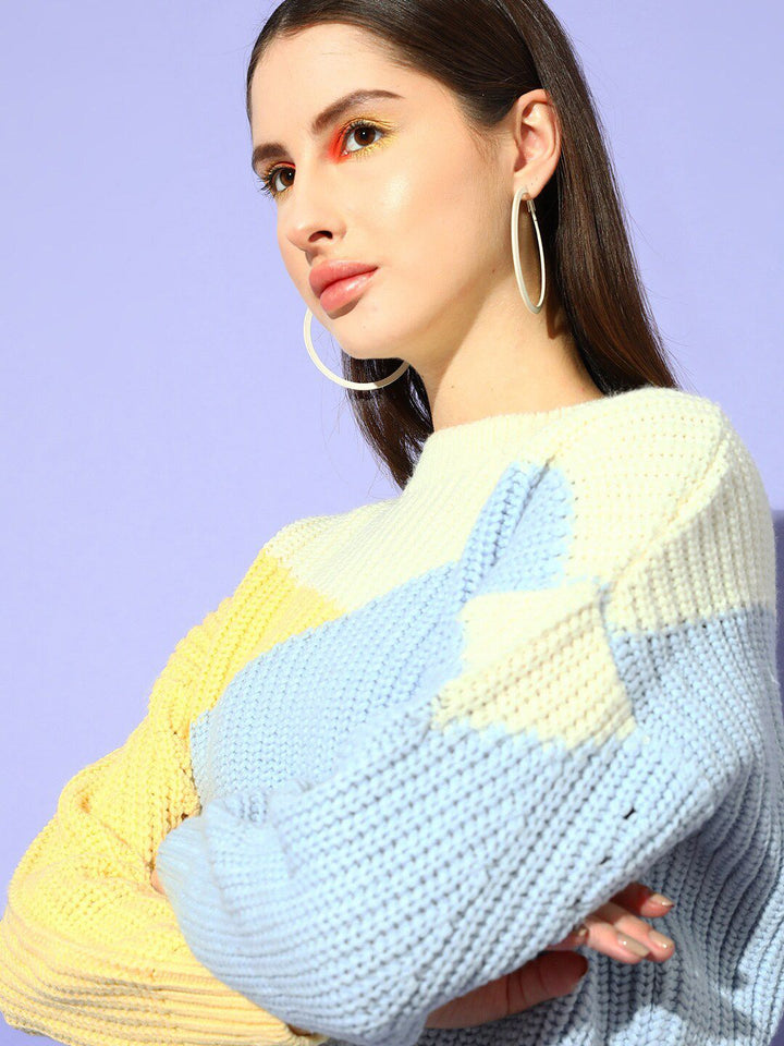 STREET 9 Women Blue & Yellow Colourblocked Pullover