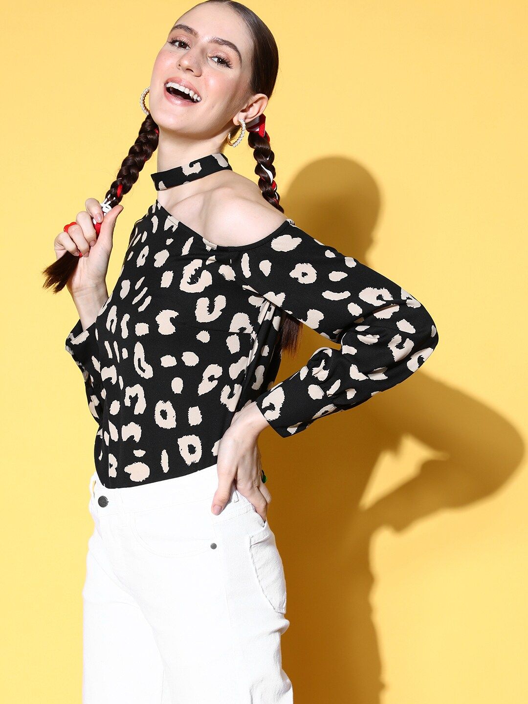 Berrylush Deep Black Animal Printed New Neckline Top