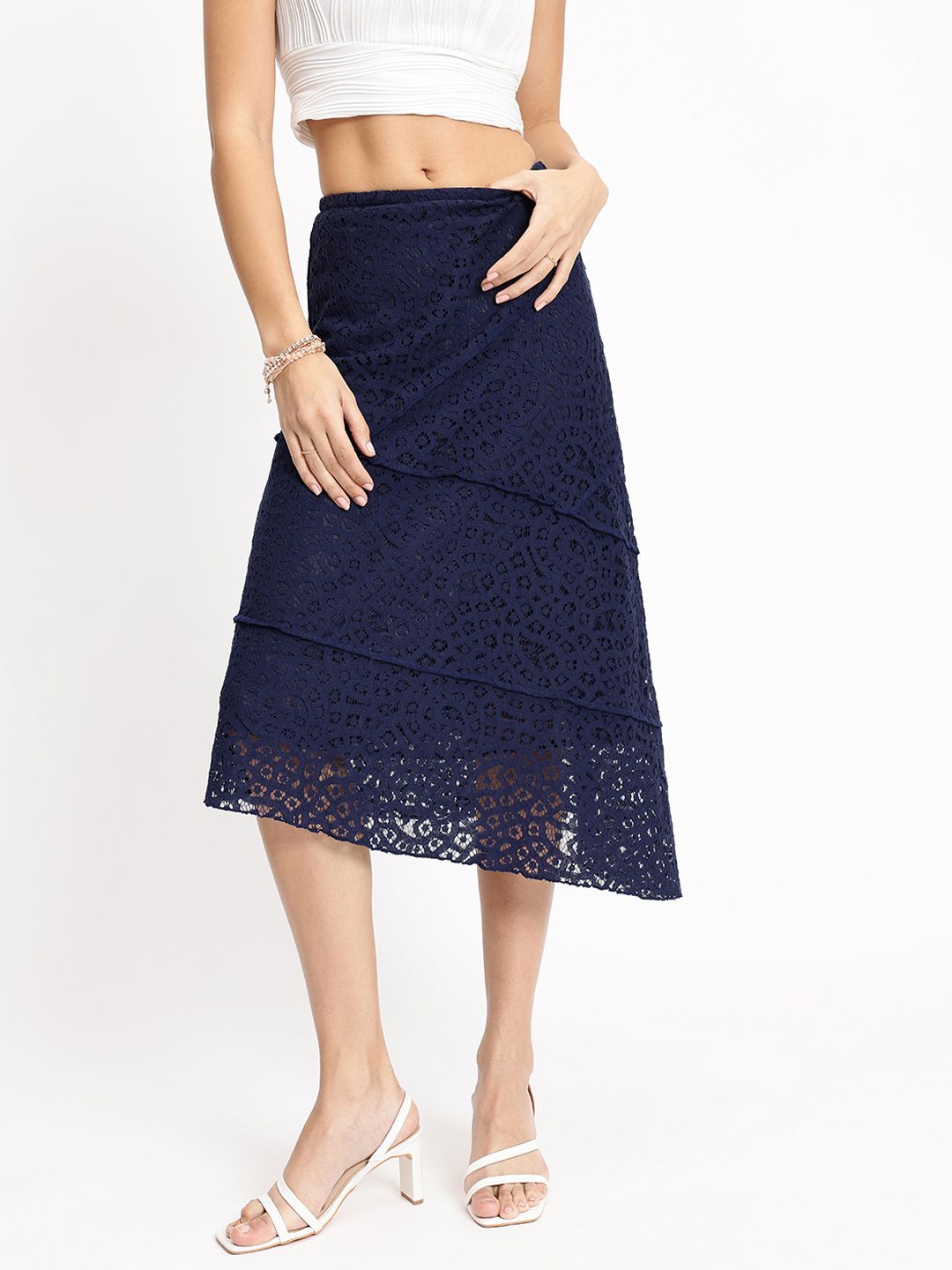 DressBerry Tiered Lace Asymmetric A-Line Midi Skirt