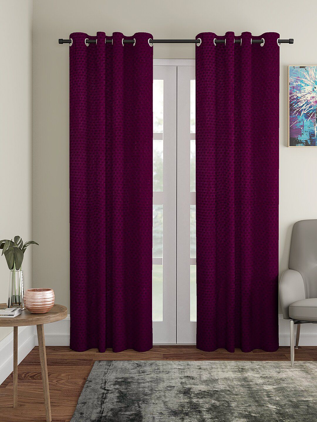 Cortina Purple Set of 2 Polka Dots Embossed Plain Polyester Door Curtains