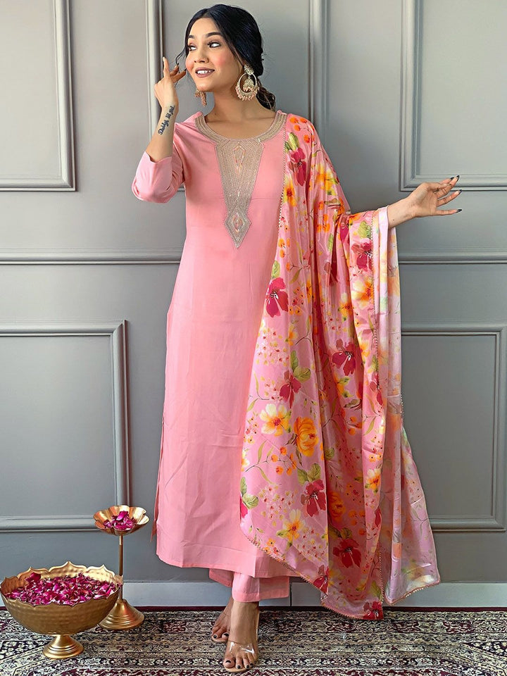 KALINI Floral Yoke Design Regular Straight Kurta With Trousers & Dupatta
