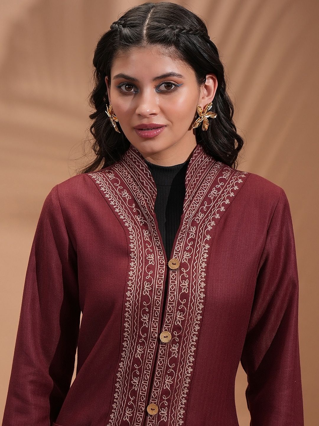 Vishudh Maroon Floral Embroidered Spread Collar Longline Tailored Jacket