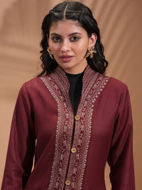 Vishudh Maroon Floral Embroidered Spread Collar Longline Tailored Jacket