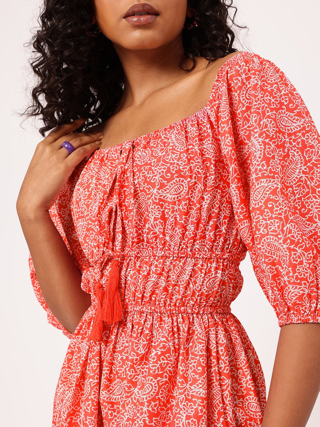 DressBerry Paisley Perfection Printed Cinched Waist Off-Shoulder A-line Mini Dress