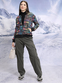 Tokyo Talkies Printed Mandarin Collar Crop Bomber Jacket
