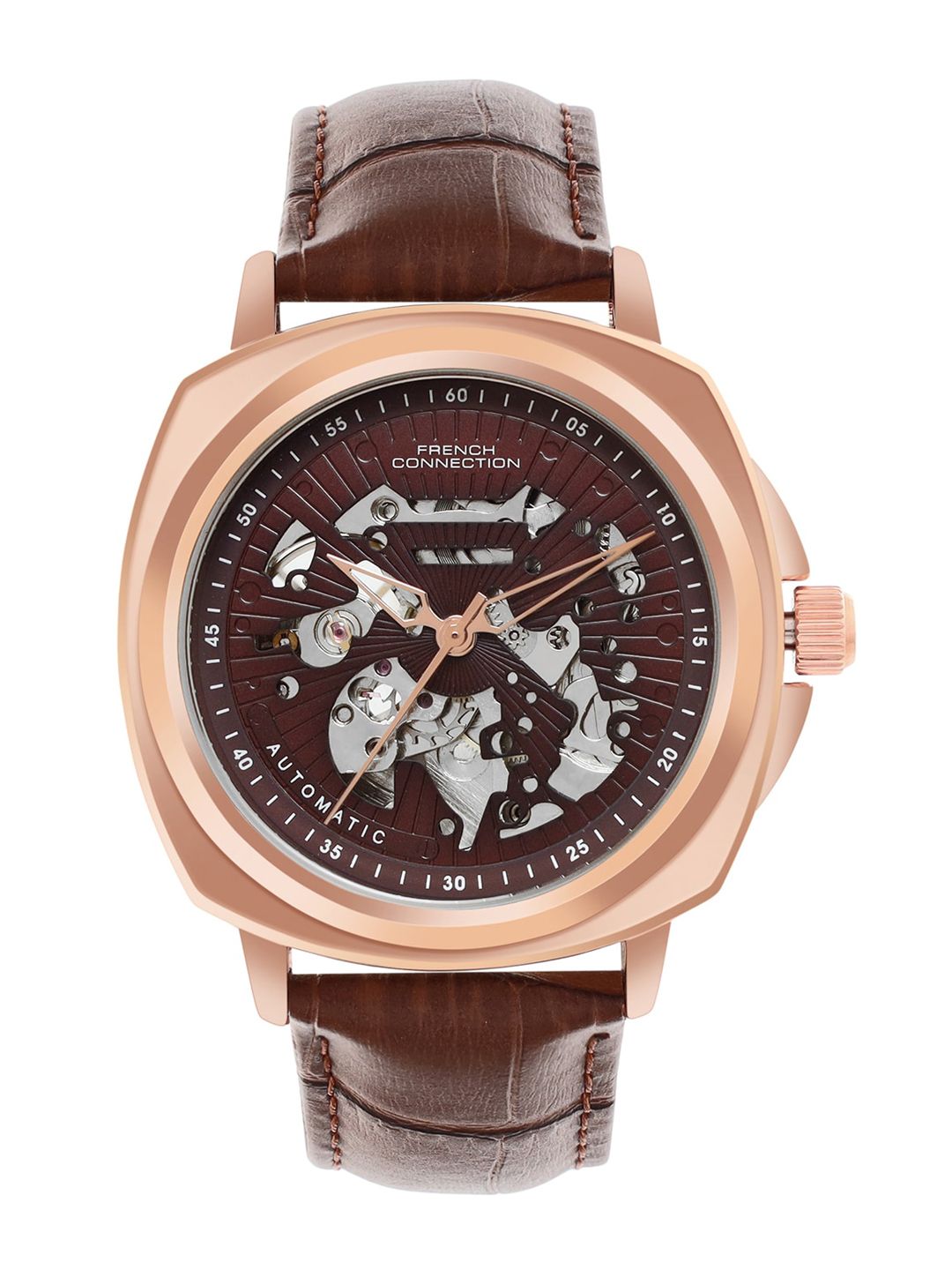 French Connection Men Brown Dial & Leather Straps Analogue Automatic Motion Powered Watch