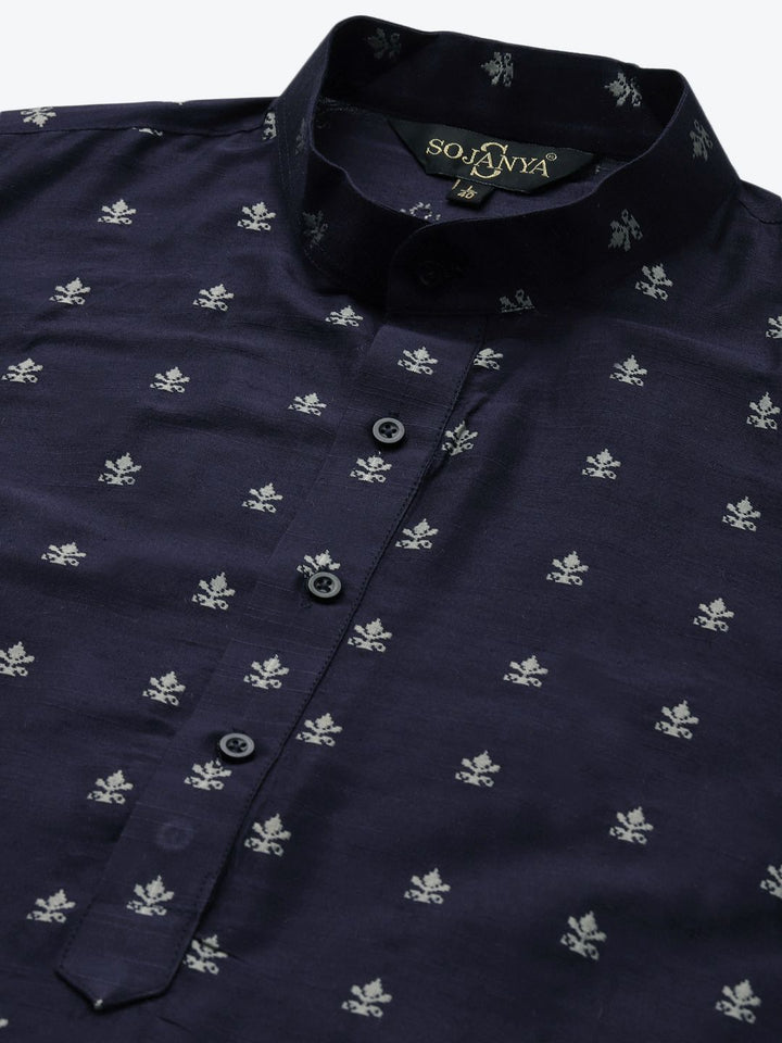 SOJANYA Men Navy Blue & Grey Ethnic Motifs Woven Design Jacquard Kurta