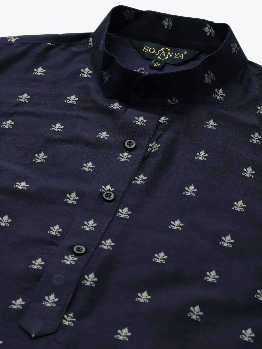 SOJANYA Men Navy Blue & Grey Ethnic Motifs Woven Design Jacquard Kurta