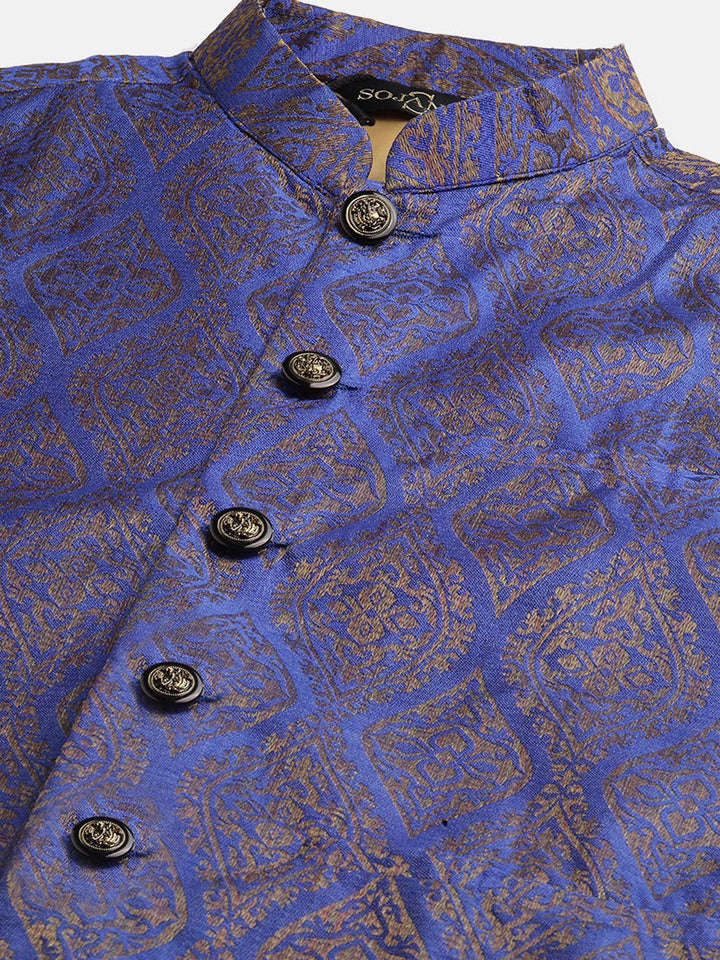 SOJANYA Lelaki Motif Etnik Merah Kurta Sutera Jacquard dengan Jaket Churidar & Nehru