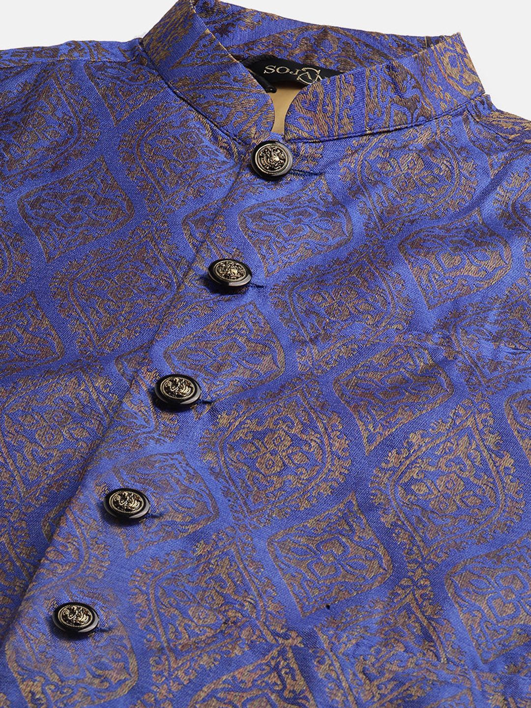 SOJANYA Lelaki Motif Etnik Merah Kurta Sutera Jacquard dengan Jaket Churidar & Nehru