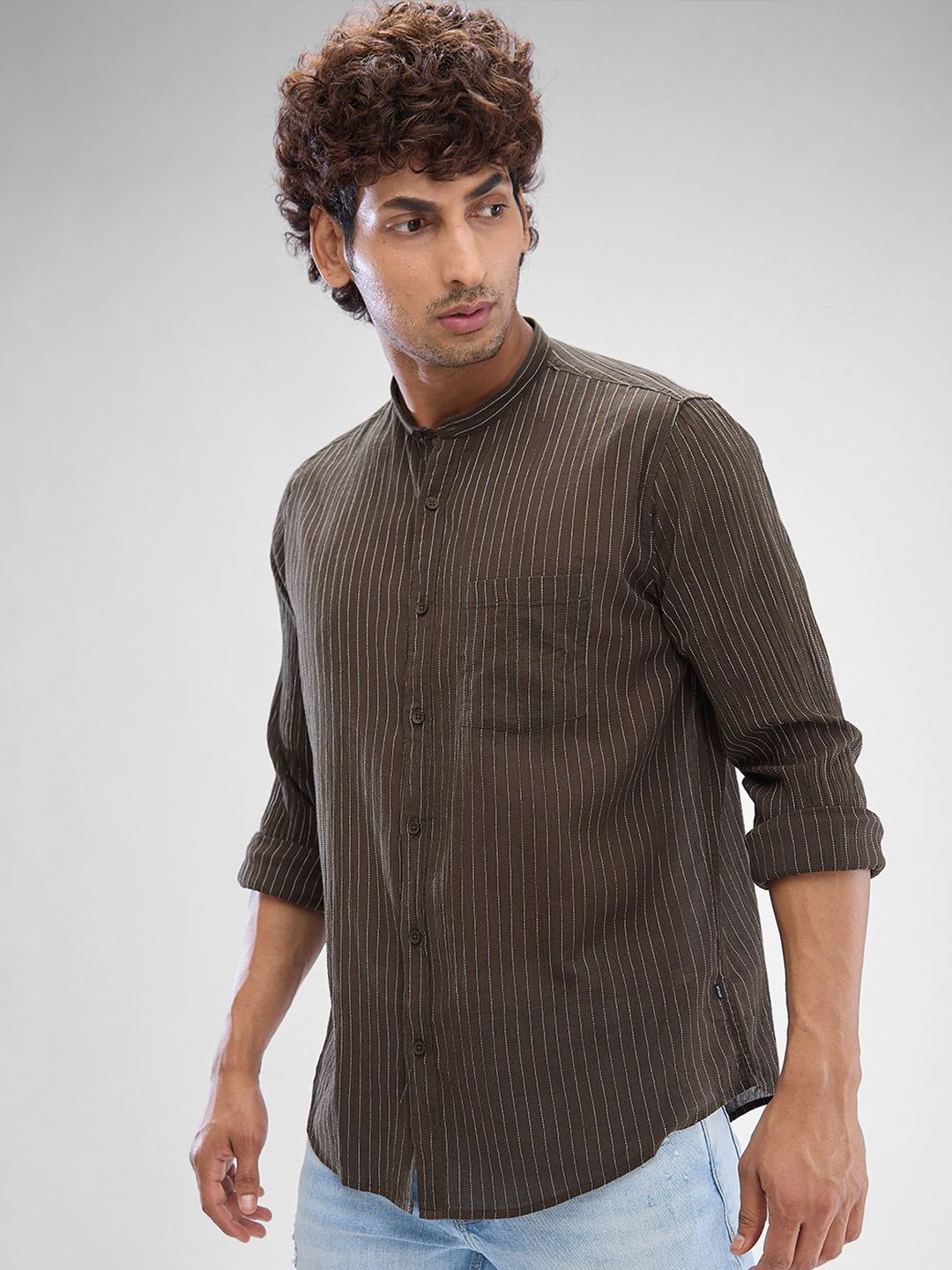 SPYKAR Men Slim Fit Opaque Striped Mandarin Collar Casual Shirt