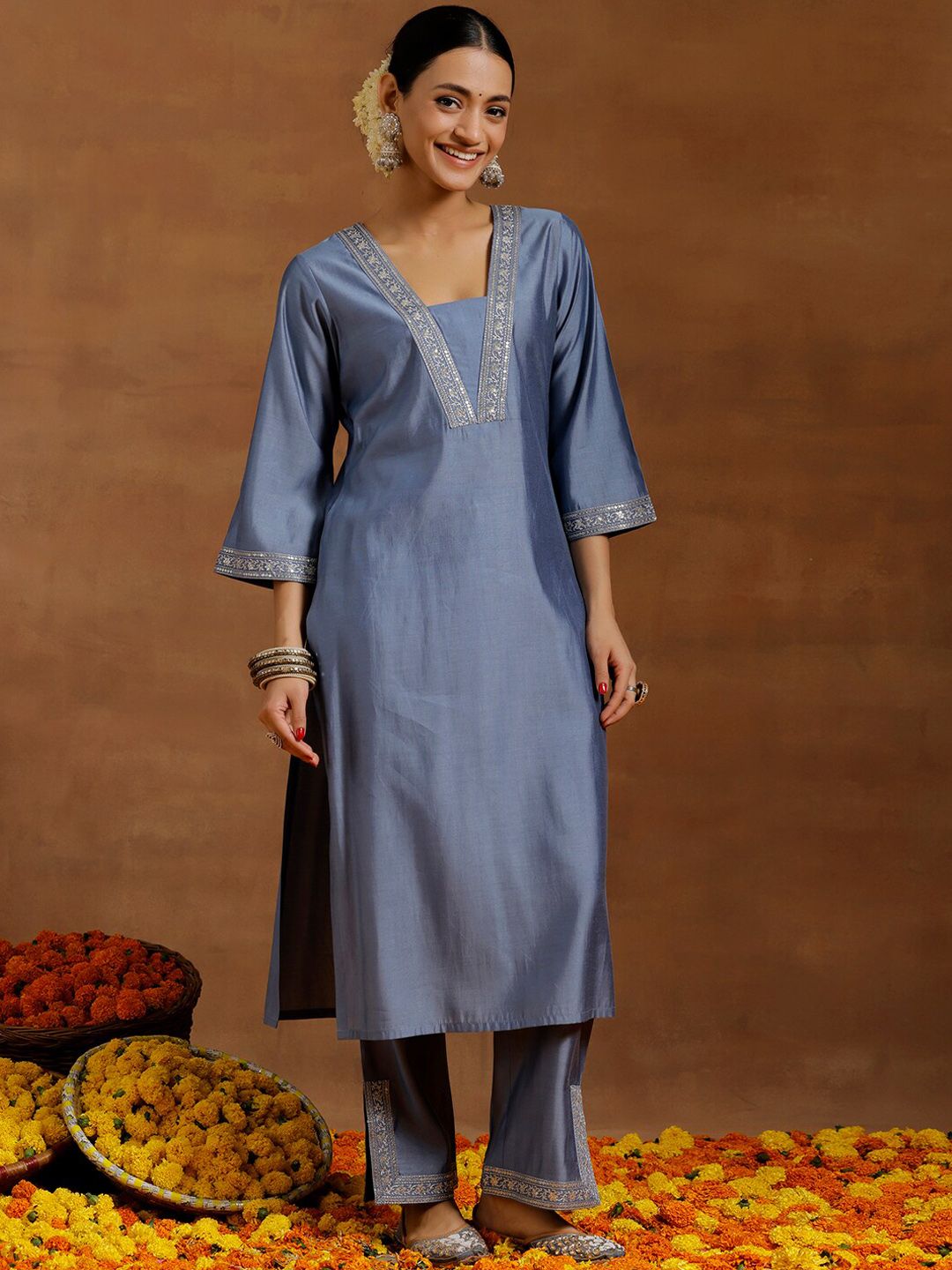 Libas Ethnic Motifs Yoke Design Regular Sequinned Kurta With Trousers & Dupatta