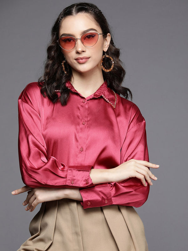 SASSAFRAS Women Pink Comfort Fit Satin Longline Party Shirt