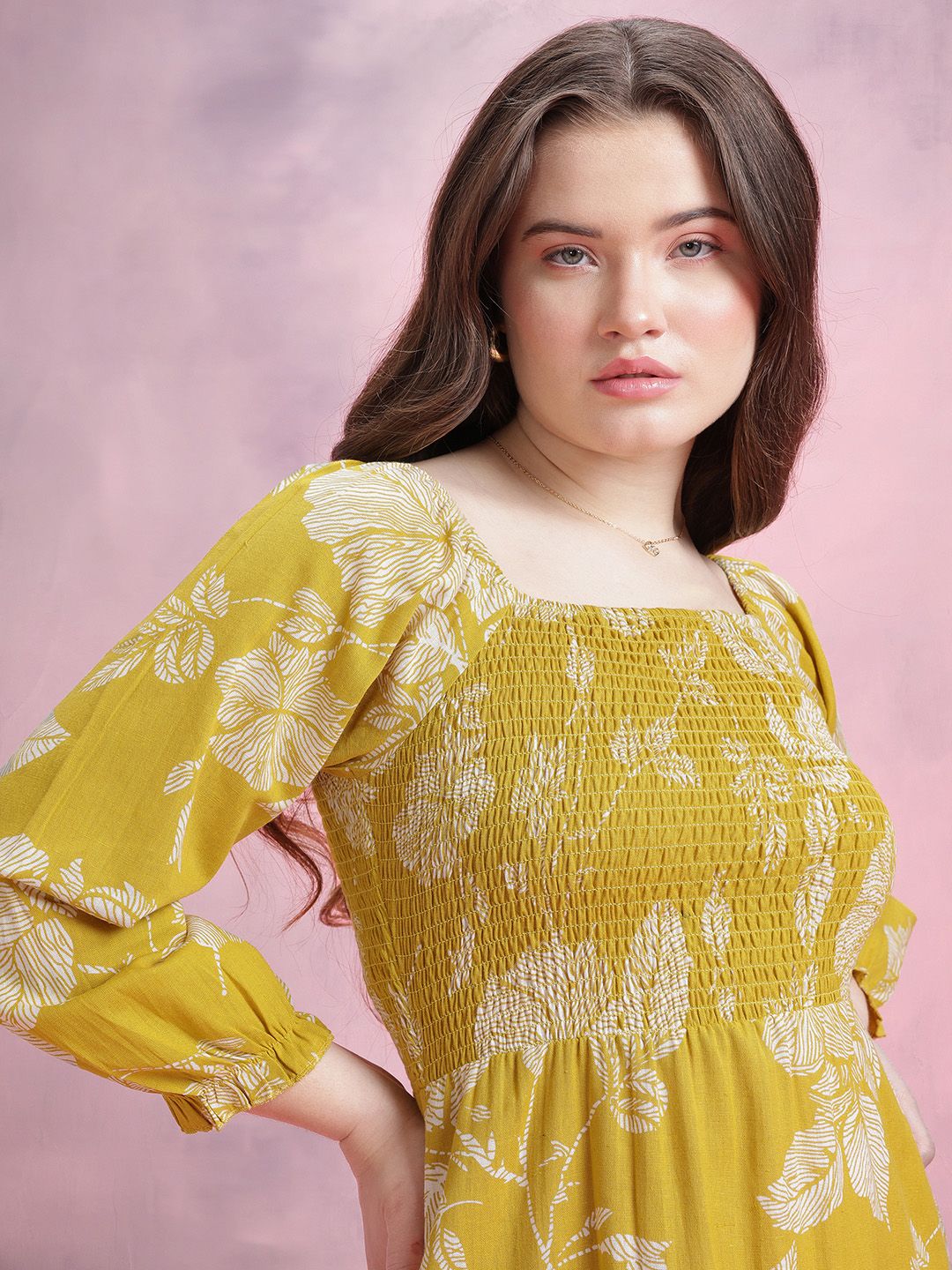 DressBerry Floral Print Gathered Detail Smocked Effect Pure Cotton Midi A-Line Dress