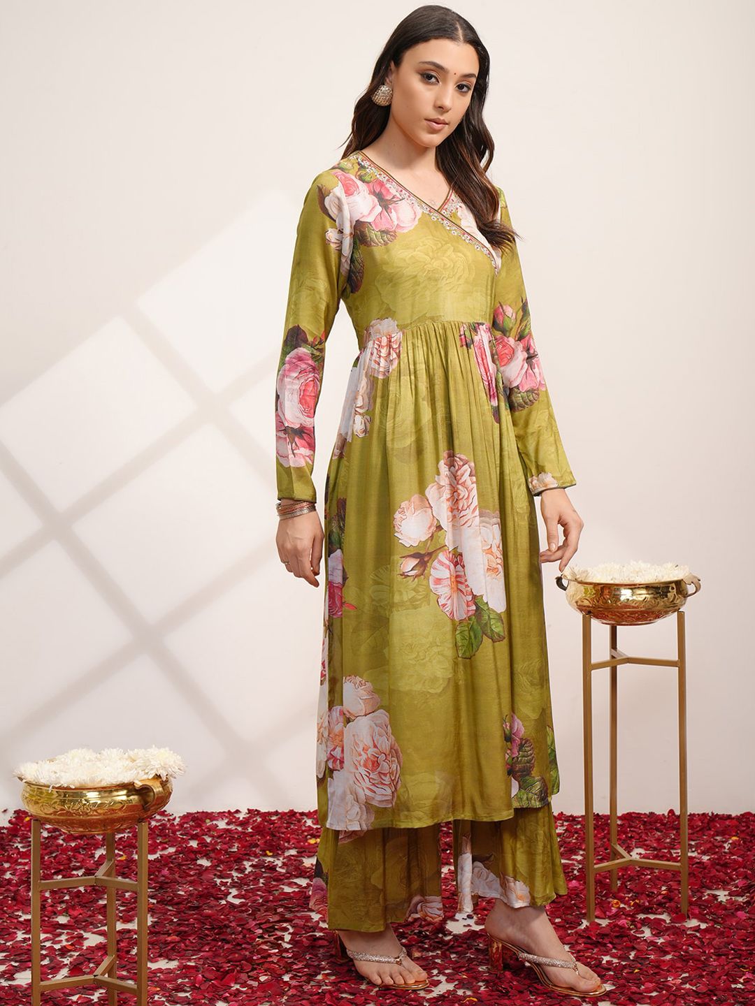 Vishudh V Neck Floral Printed Angrakha Beads and Stones Kurta Set