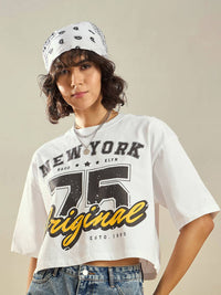 SASSAFRAS White Typography Printed Round Neck Pure Cotton Oversized Crop T-shirt