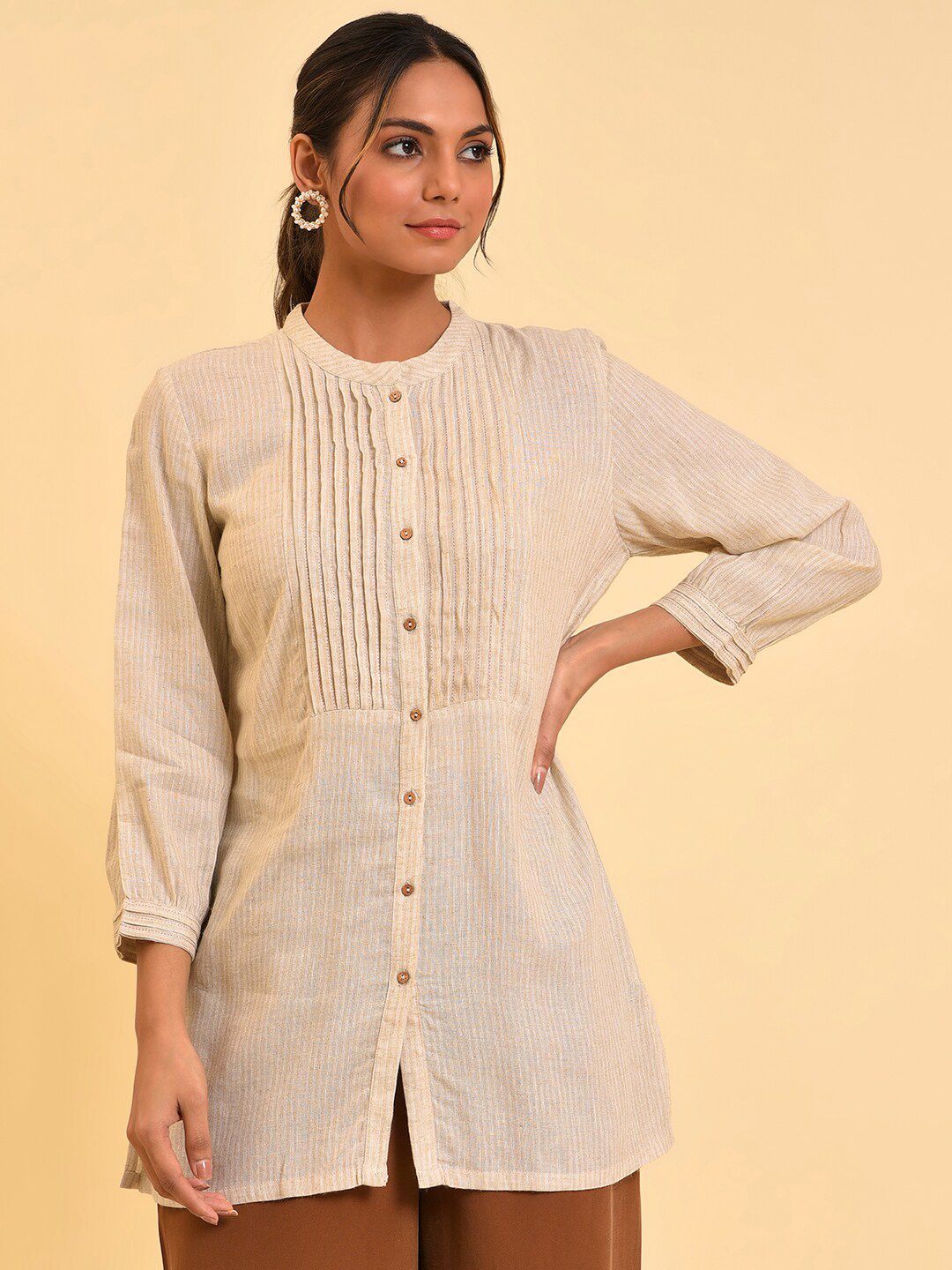 W Beige Mandarin Collar Shirt Style Top