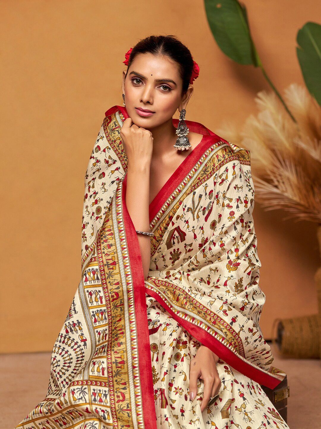 KALINI Warli Art Silk Block Print Saree