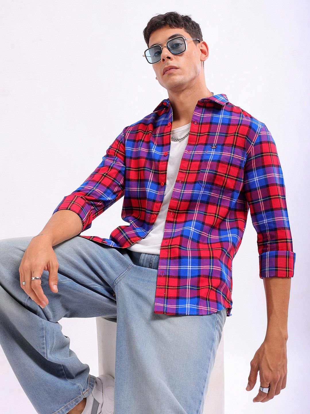 The Indian Garage Co Slim Fit Checked Spread Collar Pure Cotton Casual Shirt