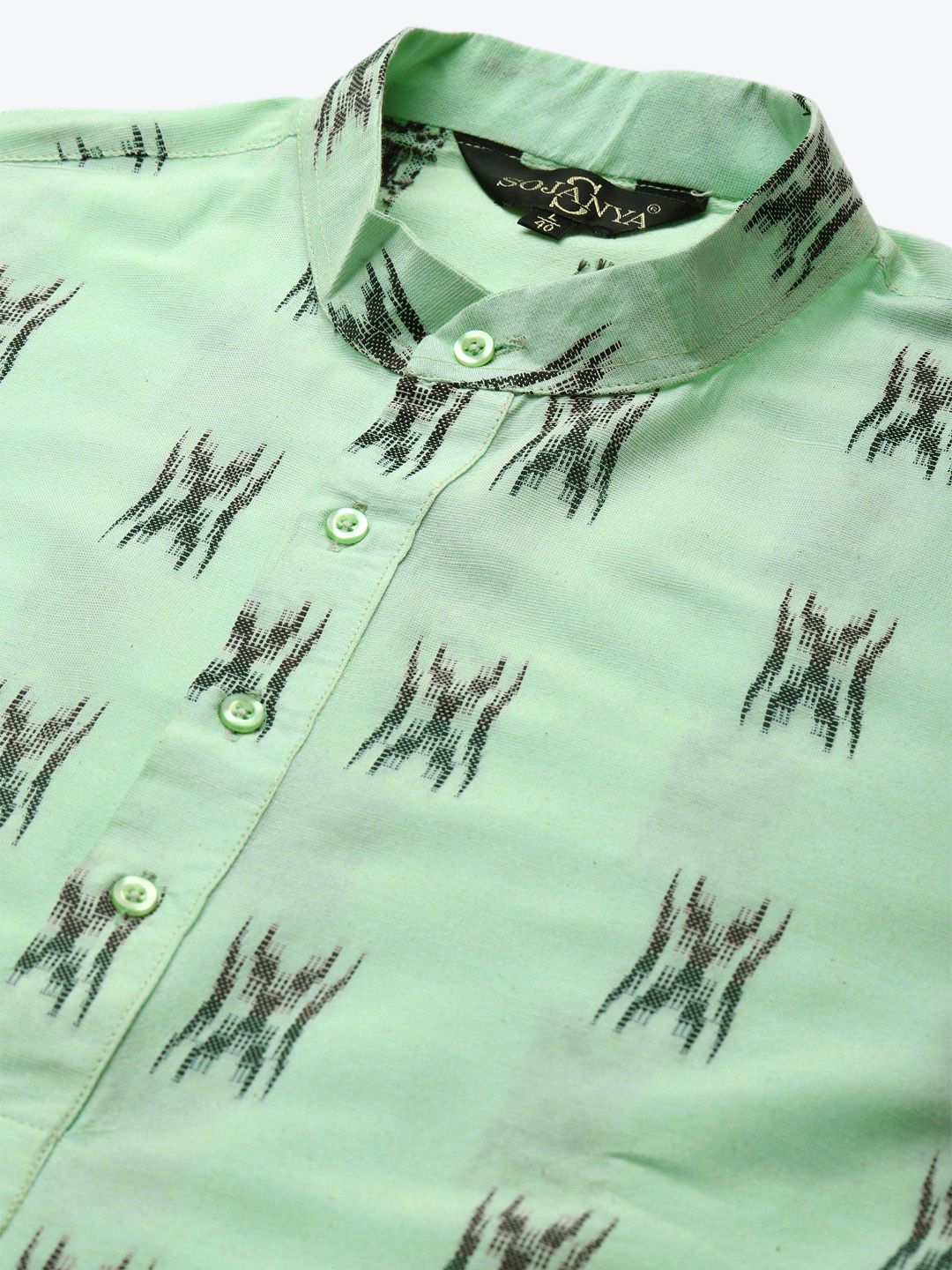 Sojanya Men Green & Black Geometric Ikkat Cotton Kurta