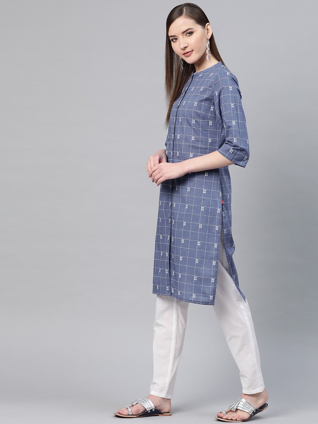 W Women Checked & Printed Cotton Straight Kurta